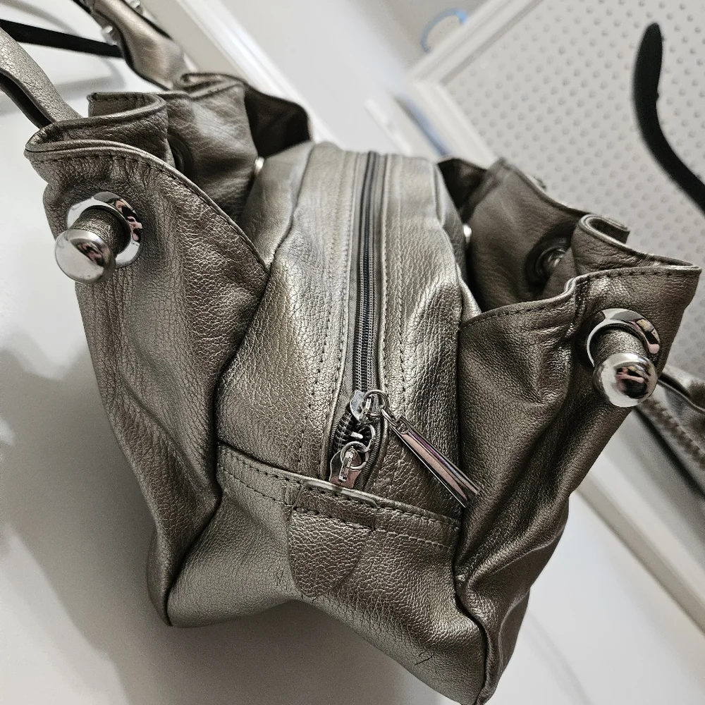 Silver Braided Handle Shoulder Bag Zip Top Double Magnetic Closure Purse